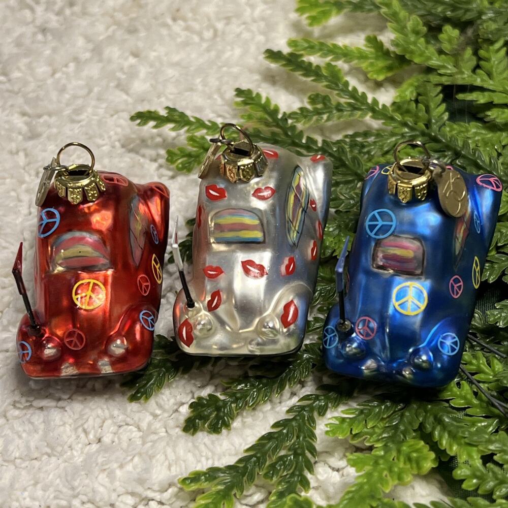 Dept 56 Set of 3 Glass Bug Beetle Car Ornaments Peace Lips Kiss Department - Picture 12 of 13